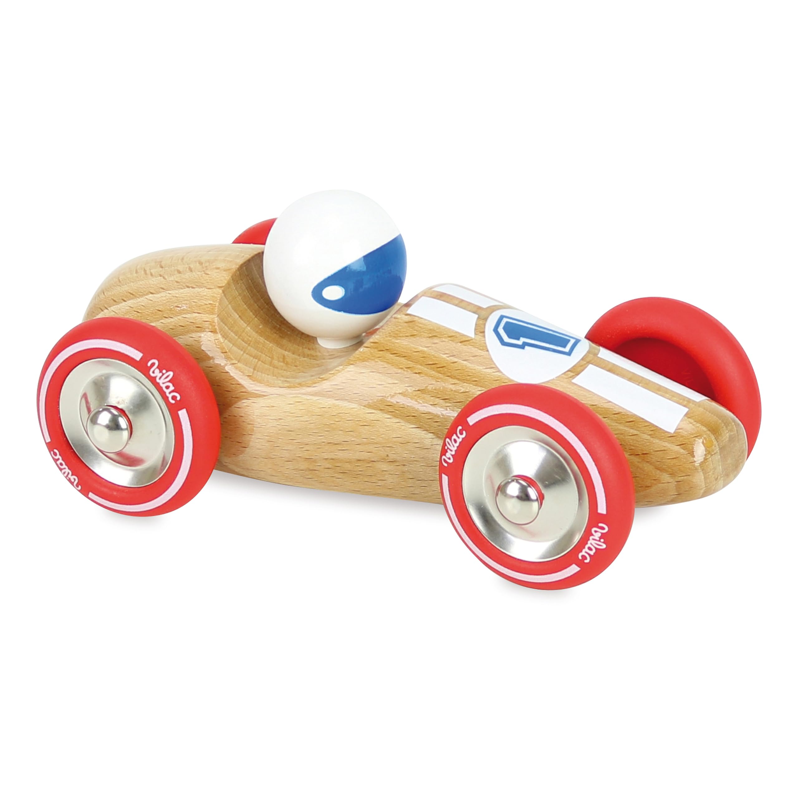 Vilac Vintage Large Wooden Racing Push and Pull Toy Car, Comes In Lovely Box, Handcrafted In France, 17 x 8.5 x 7.5 cm, 2 Years+, Natural Wood and Red
