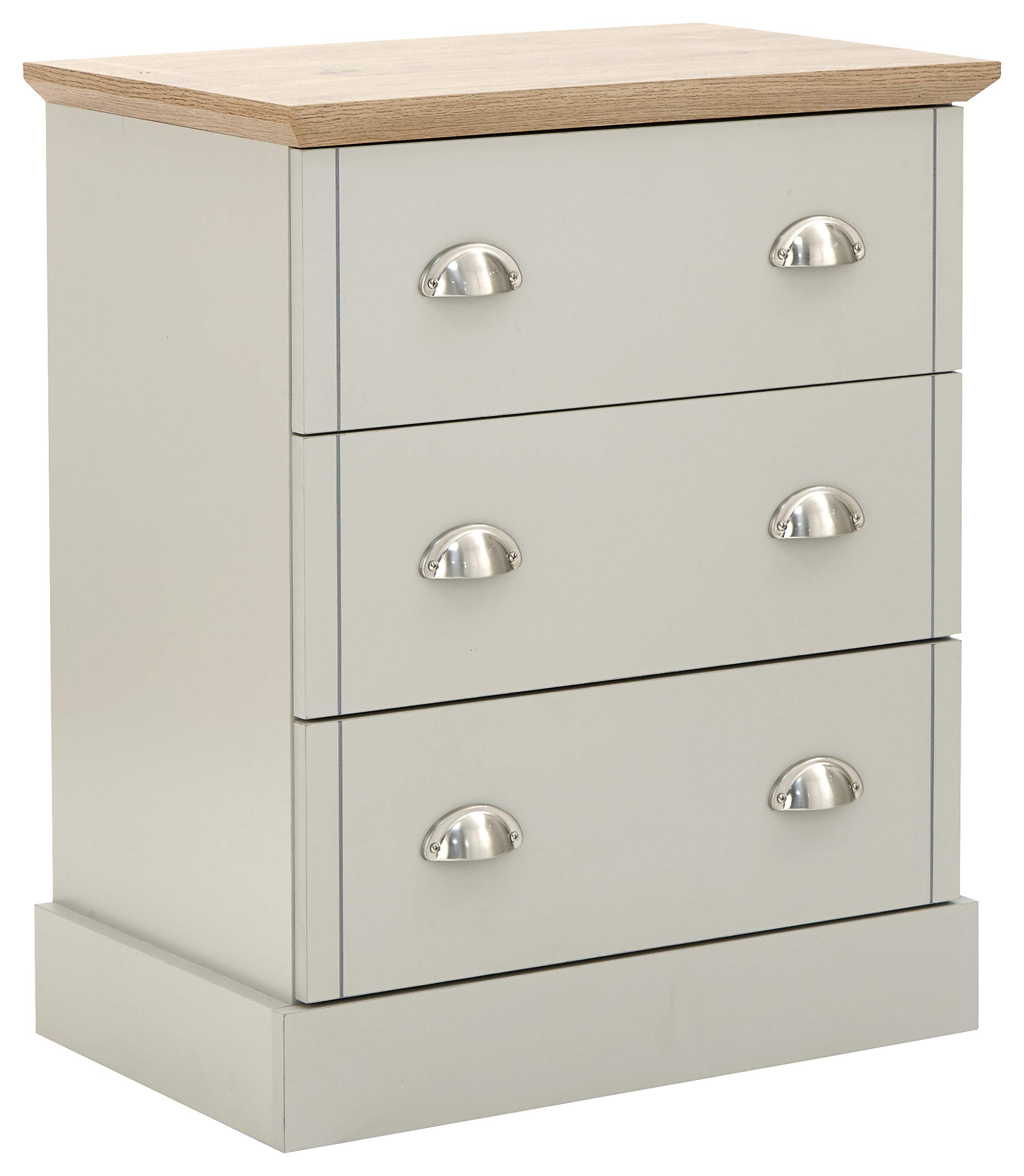 GFW Kendal Chester Drawers With Steel Cup Drawer Pulls For Bedroom, Modern Wooden Storage Drawers, Modern Bedroom Furniture Clothes Storage With Contrast Beaufort Oak Top, Grey, 58D x 38.5W x 71.5Hcm