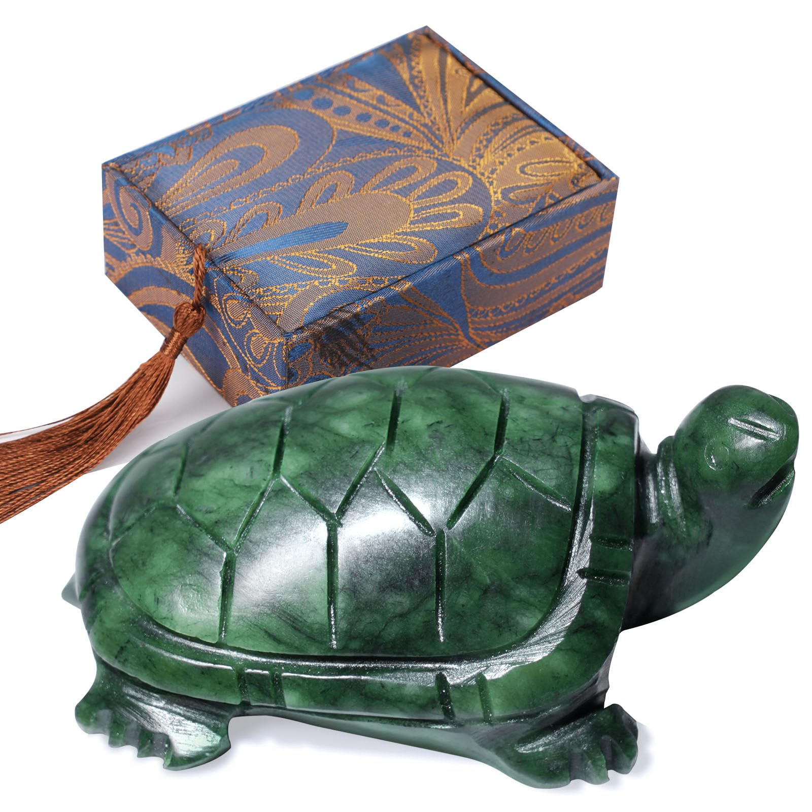 gemshan Green Natural Jade Turtle Hand Carved 3" Art Animal Figurine for Home office Decoration with Luck