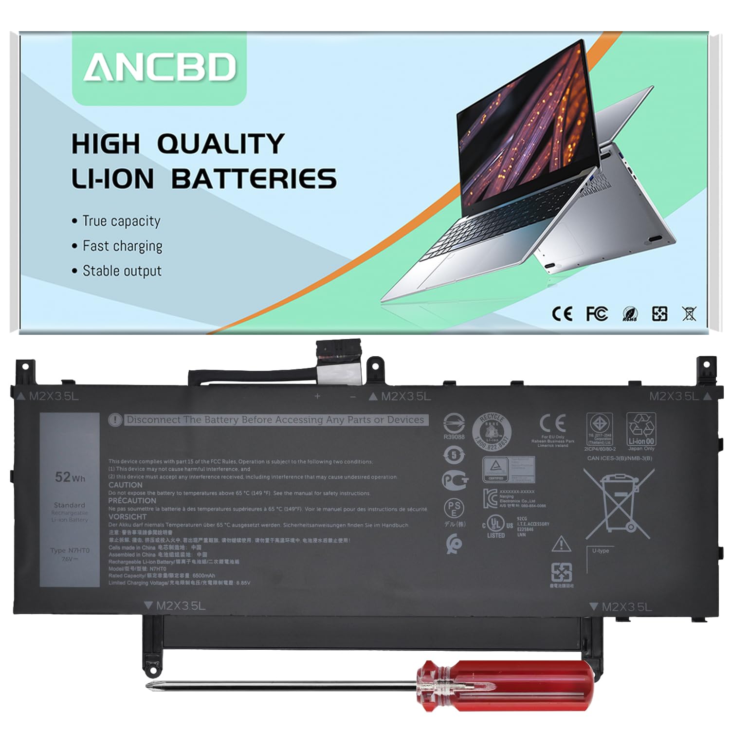 Photo 1 of ANCBD N7HT0 Laptop Battery for Dell Latitude 9510 9520 9520 2-in-1 Series N7HT0 N7HTO TVKGH HYMNG 0HYMNG 089GNG 08NFC N2NLL PKW00 0PKW00 YMX3G V5K68 VM71K 2ICP4/60/80-2 7.6V 52Wh/6500mAh/4-Cells