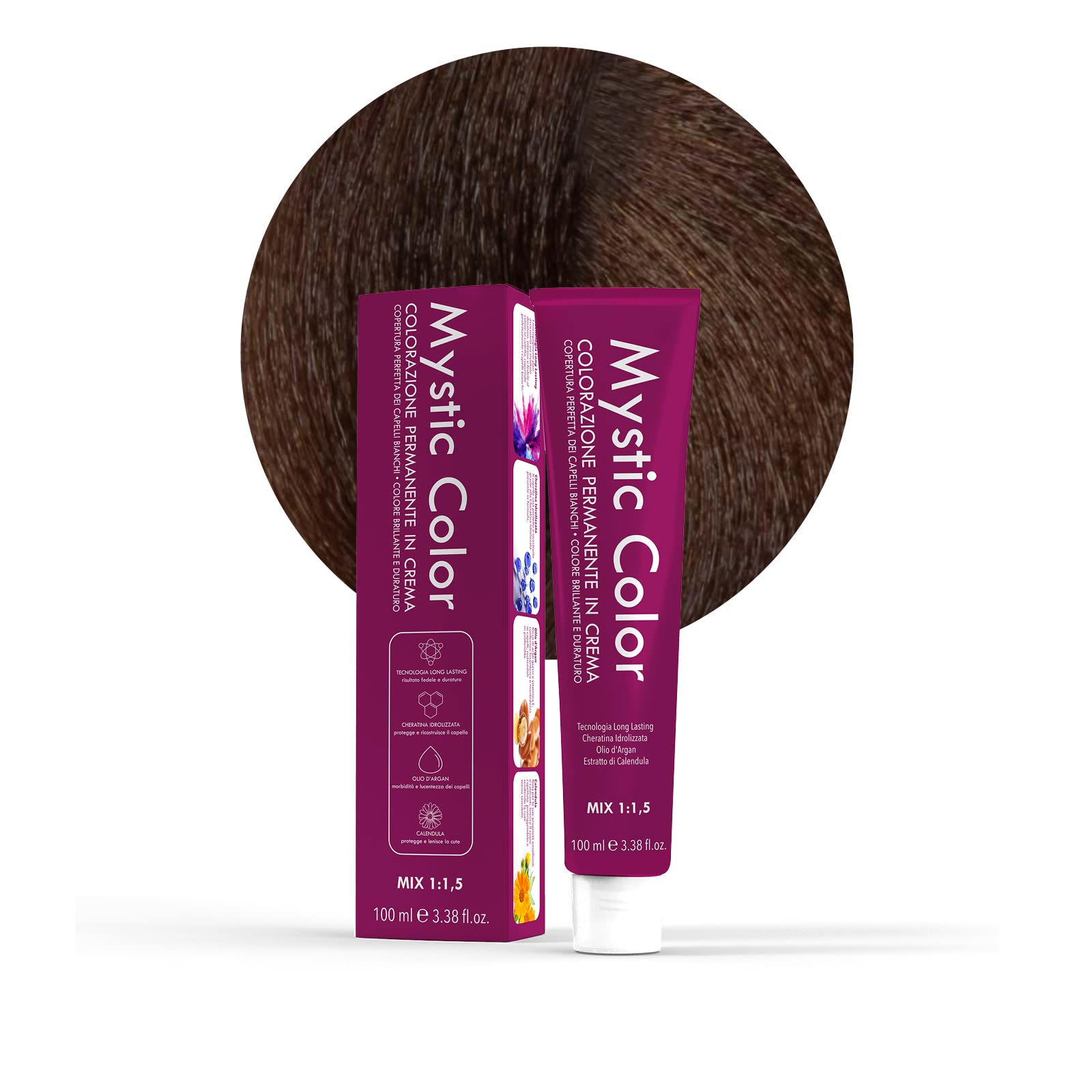 Mystic Color - Permanent Cream Colouring with Argan Oil and Calendula - Long Lasting Hair Dye - Light Cocoa Brown Color 5.7-100ml
