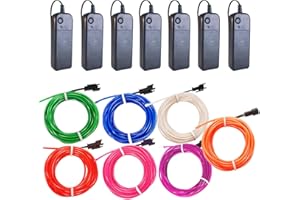 KALAKILA El Wire 7 Pack, 9ft Neon Light with Battery Pack (Red, Blue, Pink, Green, White, Purple, Orange) for Halloween Decorations DIY Costume (7 Colors, 9FT)