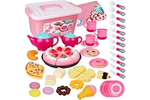 D-FantiX Tea Set for Little Girls, 52Pcs Girls Tea Toys Pretend Play Afternoon Tea Party Set Playset with Plastic Tea Pots Tea Cups Dishes Cake Dessert Gift for Toddlers Age 3 4 5 6 7 Year Old