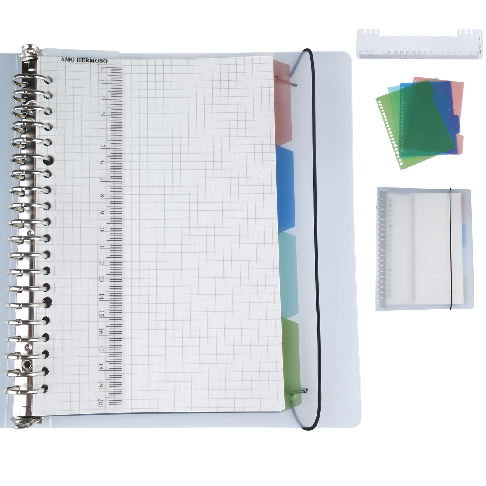 AMO HERMOSO Notebook A5 Squared Spiral Notebook with Ruler, Notepads with Index, Soft Cover Spiral Squared Notebook, 80 gsm, 60 Sheets, 120 Pages Spiral Notepad