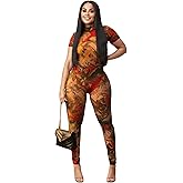 RARITYUS Women's Sheer Mesh Dragon Print Jumpsuit Sexy See Through Backless Short Sleeve Bodycon Jumpsuit Party Clubwear