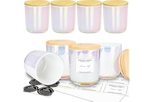 CREAHAUS 8 Pack, 10oz Iridescent Candle Glass Jars for Making Candles, Thickened Candle Containers with Bamboo Lids and Sticky Labels, Bulk Candle Vessels for Hand Candle Making DIY Craft (White Iridescent)