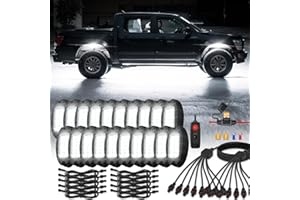 LD DARKEAGLE 20Pods Metal All Pure White LED Rock Lights Kit with Switch Wiring Harness Extension Plug and Play, 6500K 24LEDs Aluminum Underglow Light Waterproof Fender for Semi Trucks Pickup Jeep Trailer Offroad