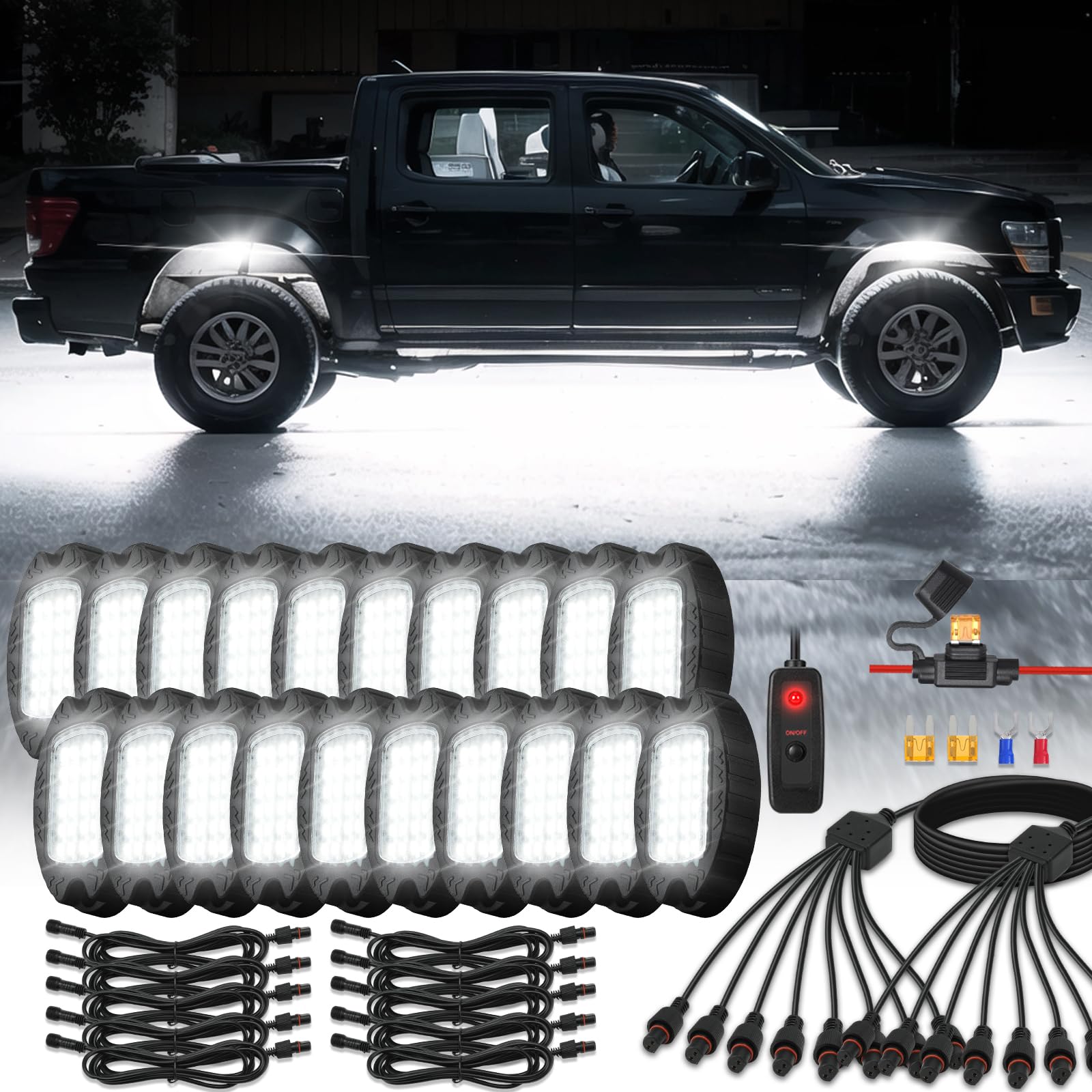 Photo 1 of 20Pods Metal Pure White LED Rock Lights Kit with Switch Wiring Harness Extension Wire, 6500K 24LEDs Neon Underglow Light Aluminum Waterproof Fender Lights for Trucks Trailer Jeep Off Road ATV UTV SUV