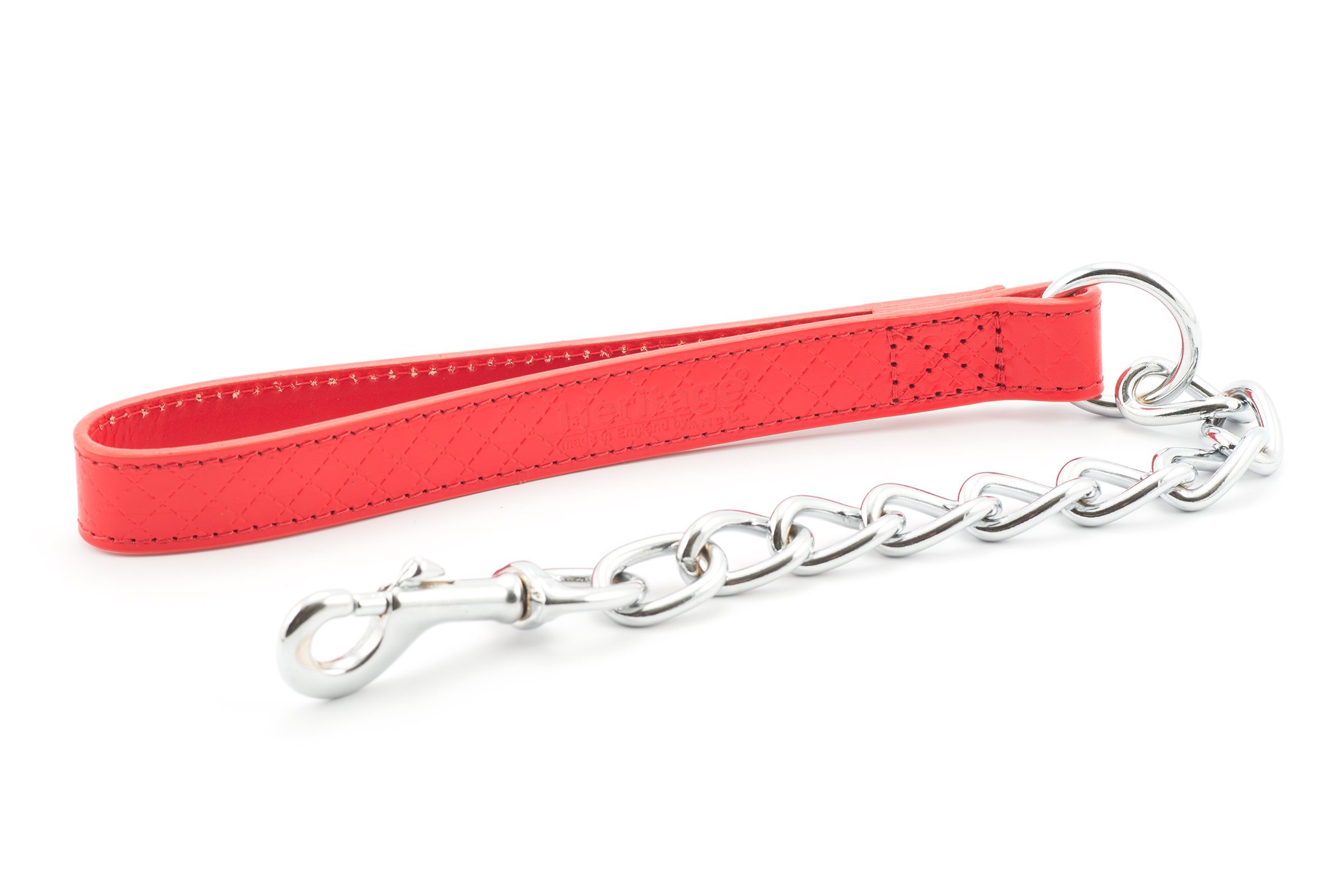 Ancol Heritage Diamond Extra Heavy Leather Chain Lead for Dogs - Red English Bridle Leather Handle with Welded Link Chain - Embossed Diamond Quilt Design - 50cm