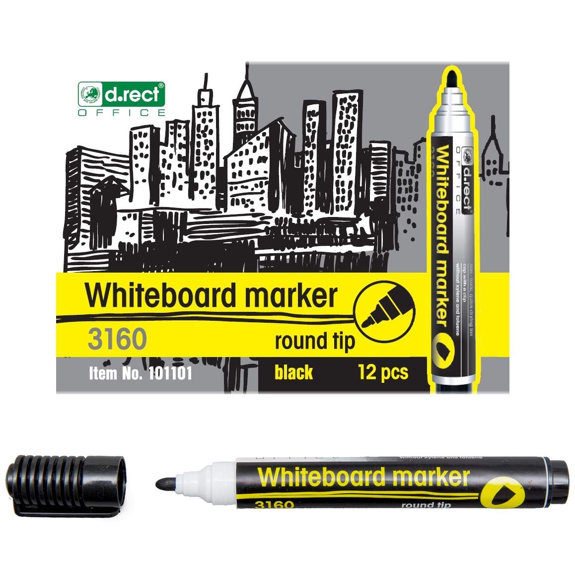 D.RECT 3160 Whiteboard Markers for Whiteboards and Flipcharts, Wipe Clean Glass Board Markers Bullet Tip Black Pack of 12