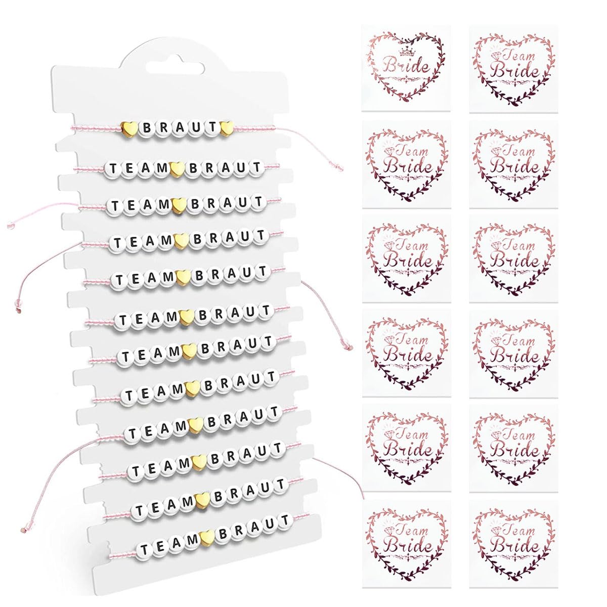 JGA Decorative Women Team Bride Bracelets Set, 10 Pieces JGA Accessories Women Bracelets with 10 Pieces Team Bride Tattoo Stickers, Pink Team Bride Bracelets for Stag Night Women, Einstellbare Größe
