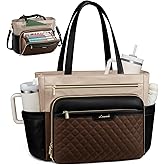 LOVEVOOK Teacher Tote Bag with Accordion File Pocket, Soft PU Leather Work Briefcase Quilted Laptop Bag with Large Cup Holder