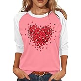 PICKID Valentines Shirts for Women Cute Love Heart Graphic T-Shirt 3/4 Sleeve Valentine's Gift Tees