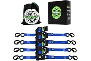 STARLEAPARTS Retractable Ratchet Straps (4PK 1.0INX12FT) - 1,500lb Break Strength, Heavy Duty with Rubber Coated Handle, Perfect for Motorcycle & Trucks (Blue)