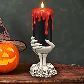 DRomance Black Flameless Flickering Candles with Timer, Blood Dripping Wax Effect Battery Operated LED Pillar Candle with Skeleton Hand Candle Holder Halloween Table Centerpiece Decor(4