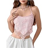 SHENHE Women's Sexy Open Back Halter Top Floral Embroidered Pearl Asymmetrical Y2k Crop Tank