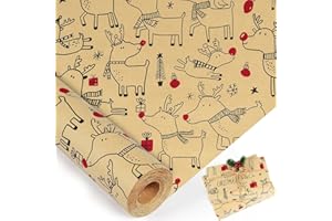 Christmas Wrapping Paper Roll, Vintage Red and Brown Gift Wrapping Paper, Cute Reindeer Design Kraft Wrapping Paper for Xmas 