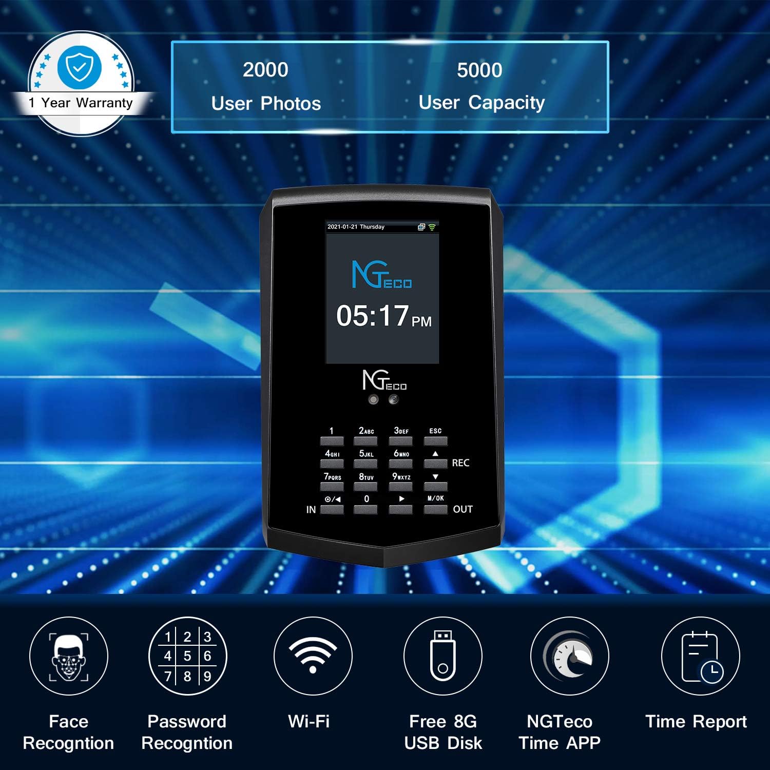 Face Recognition Time Clock, NGTeco Biometric Time Clocks for Employees Small Business In and Out - 2.4Ghz WiFi LAN Facial Touch-Free Time Attendance Machine with APP for iOS/Android(0 Monthly Fees) : Electronics