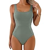 Aidonger One Piece Ribbed Bathing Suit for Women Tummy Control Swimsuit Square Neck Low Back Swim Suit Solid Curvy Swimwear