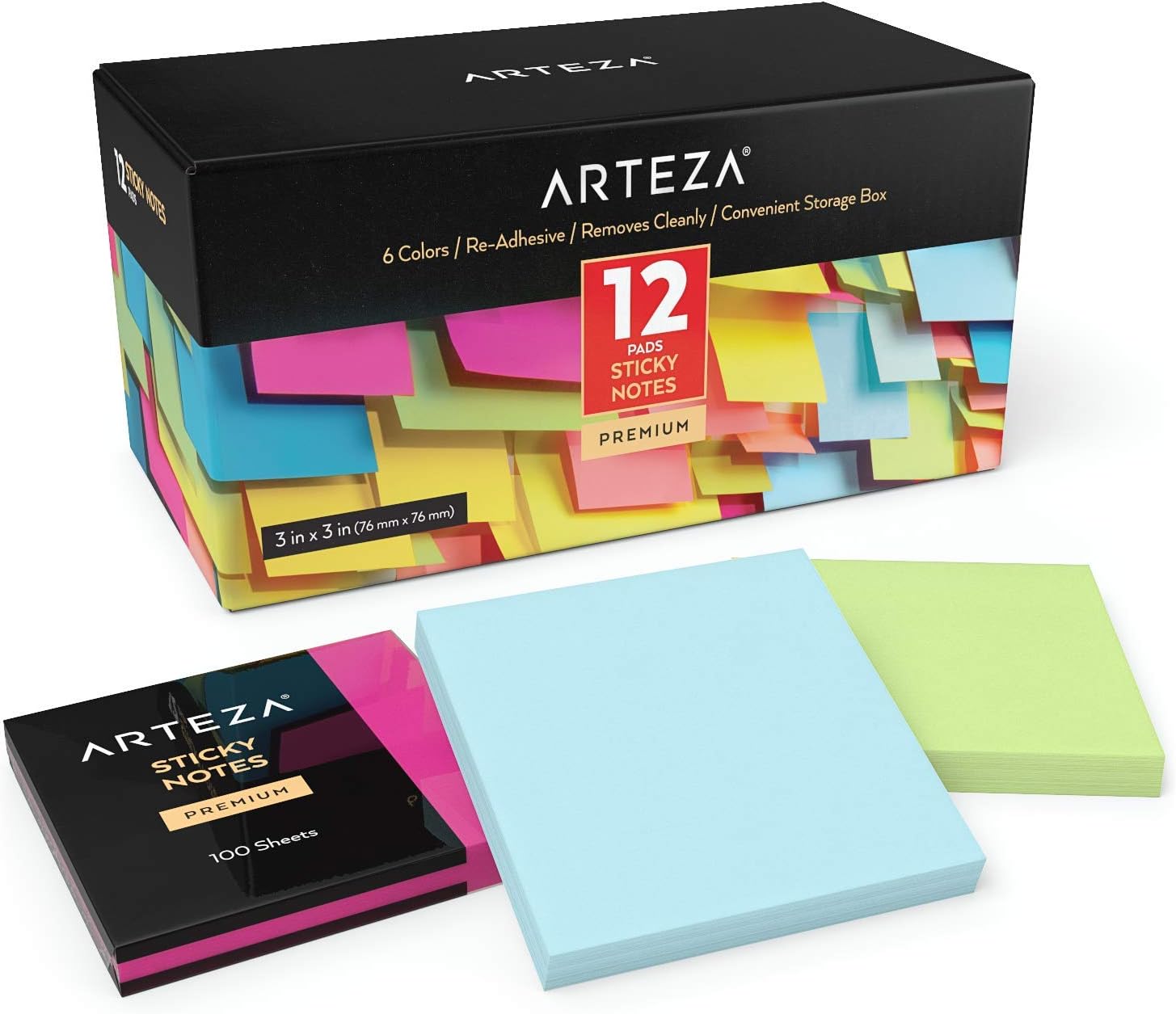 Arteza Sticky Notes, 12 Pads, 100 Sheets Each, 3 x 3 Inches, 6 Assorted Colors, Re-Adhesive, Office Supplies for to-Do Lists, Reminders, and Studying : Office Products