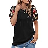 OFEEFAN Womens Summer Tops Pleated Swiss Dot Puff Sleeve Crew Neck T Shirts Loose Casual S-3XL