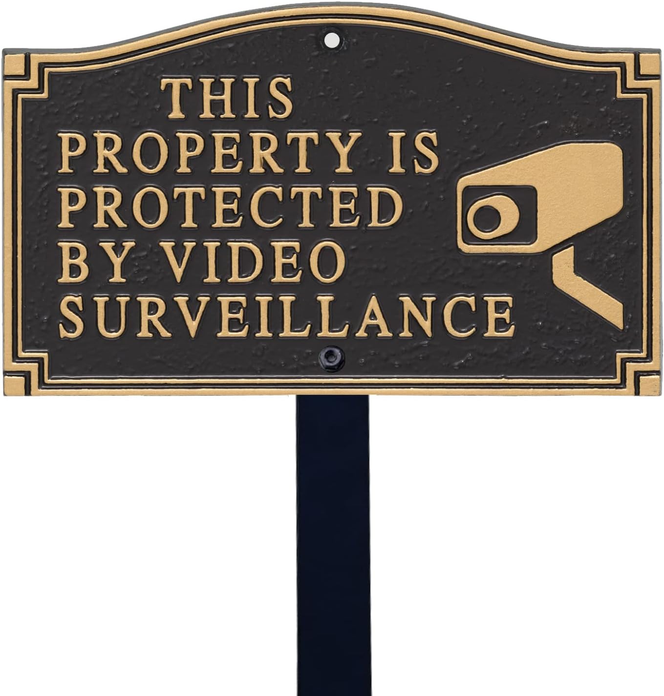 Plaques & Wall Art - SmartSign 5.75 x 9.5 inch “This Property Is Protected By Video Surveillance” GardenBoss Statement Plaque with 18 inch Lawn Stake, 375 mil Rustproof Aluminum, Black and Gold, Set of 1