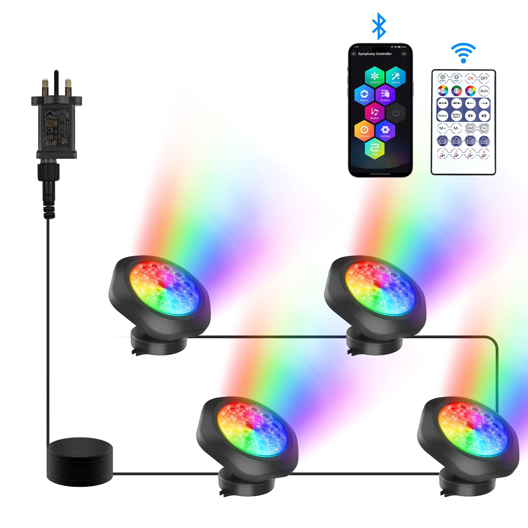 NATPOW Pond Lights, RGB Underwater Landscape Lights Mains Powered, Aquarium Lighs with Bluetooth APP Control, IP68 Waterproof Submersible Landscape Lighting for Garden, Pool, Fountain(4 in 1)