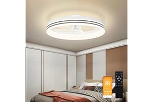 Bridika Flush Ceiling Fan with Light,19.7" Modern Low Profile Bladeless Bedroom Ceiling Fan with Lights with 3 Color Dimmable Memory LED,6-Speed White Timable Small Ceiling Fan with Light