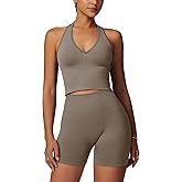ABOCIW Workout Sets for Women 2 Piece Seamless Halter Cropped Tank Scrunch Butt Lifting High Waist Shorts Gym Sets