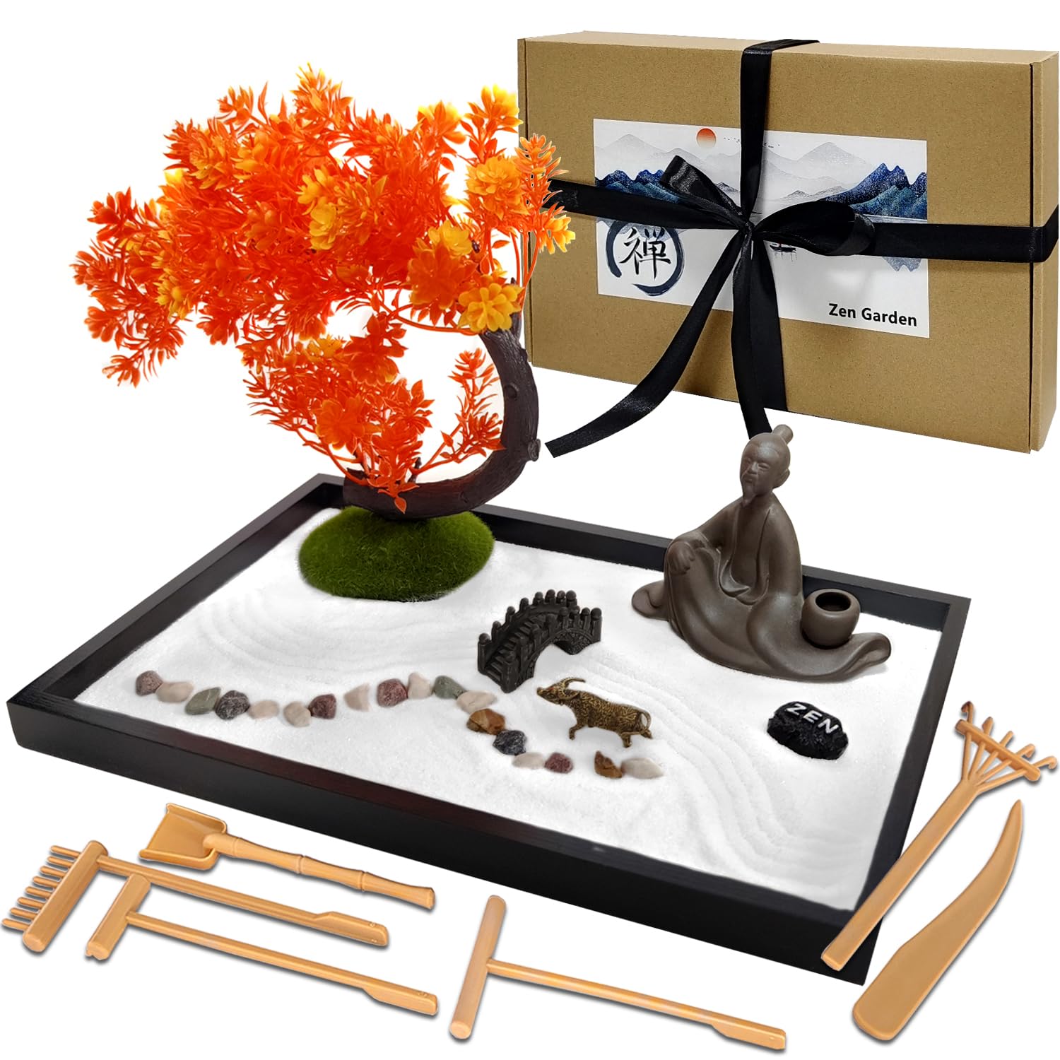 LuXianYS Zen Garden Kit, Home Decoration, Meditation Gift Set, Zen Sand Garden,6 Tools, Desktop Meditation Room Decor Tray, Relaxation and Gift