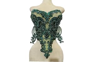 ZBROH Handmade red/Blue/Gold/Green Rhinestones lace Bodice Applique Sewing Beads Crystal Trim Patches Accessory for Dress Clothes (Green)