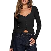 Women Button Up Fitted Cardigan Long Sleeve V Neck Cami Shirt Y2k Ribbed Crop Tops