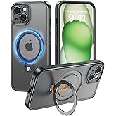 MAGIC JOHN Designed for iPhone 15 Plus Case 6.7'', with 360° Rotatable Magnetic Metal Stand [Military Drop Protection] [Compatible with MagSafe] Shockproof Translucent, Black