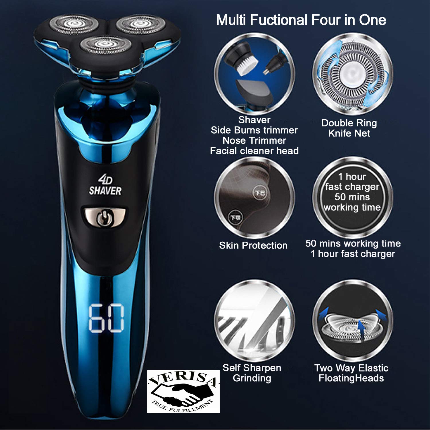 Electric Razor for Men with LED Display, Rechargeable IPX7 Waterproof Electric Shaver Wet and Dry Men\'s Rotary Shavers with Nose Ear Hair Sideburn Trimmer Facial Cleaning Brush and Charging Stand