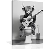OWNANRTHM Highland Cow Bathroom Canvas Wall Art Funny Animals Bathroom Pictures Highland Cow Plays Guitar on the Toilet Painting Black and White Animals Bathroom Poster for Bathroom Framed 8X10 inch