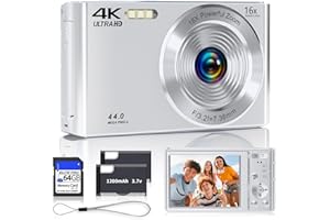 SMARTKLIK Digital Camera, 2025 4K 44MP Autofocus Digital Cameras for Teens, Silver Point and Shoot Camera for Kids with 16X Zoom, 64GB SD Card, Compact Small for Boys Girls Teens Kids Gift