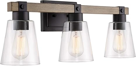 Kira Home Asher 23 3 Light Farmhouse Vanity Bathroom Light Funnel Glass Shades Smoked Birch Wood Style Black Finish Amazon Com