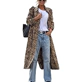 Women's Notched Lapel Faux Suede Pea Coat Loose Leopard Duster Trench Coats