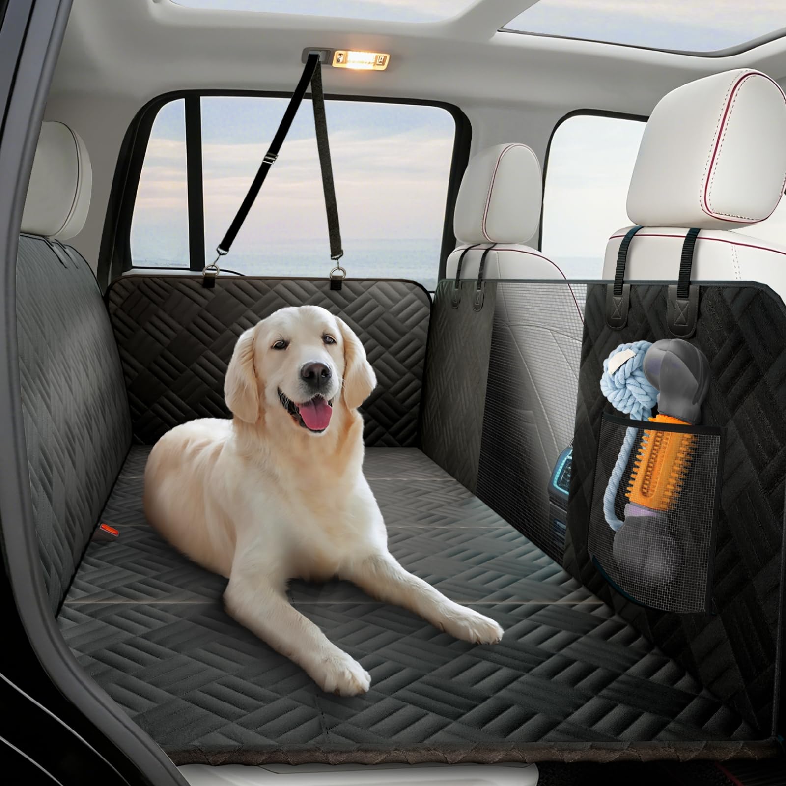 ELLINI Dog Car Seat Cover for Back Seat, Hard Bottom Back Seat Extender for Dogs, Holds 400lbs, 600D Heavy Duty Scratch-Proof Waterproof Dog Hammock for Full-Size Trucks Image