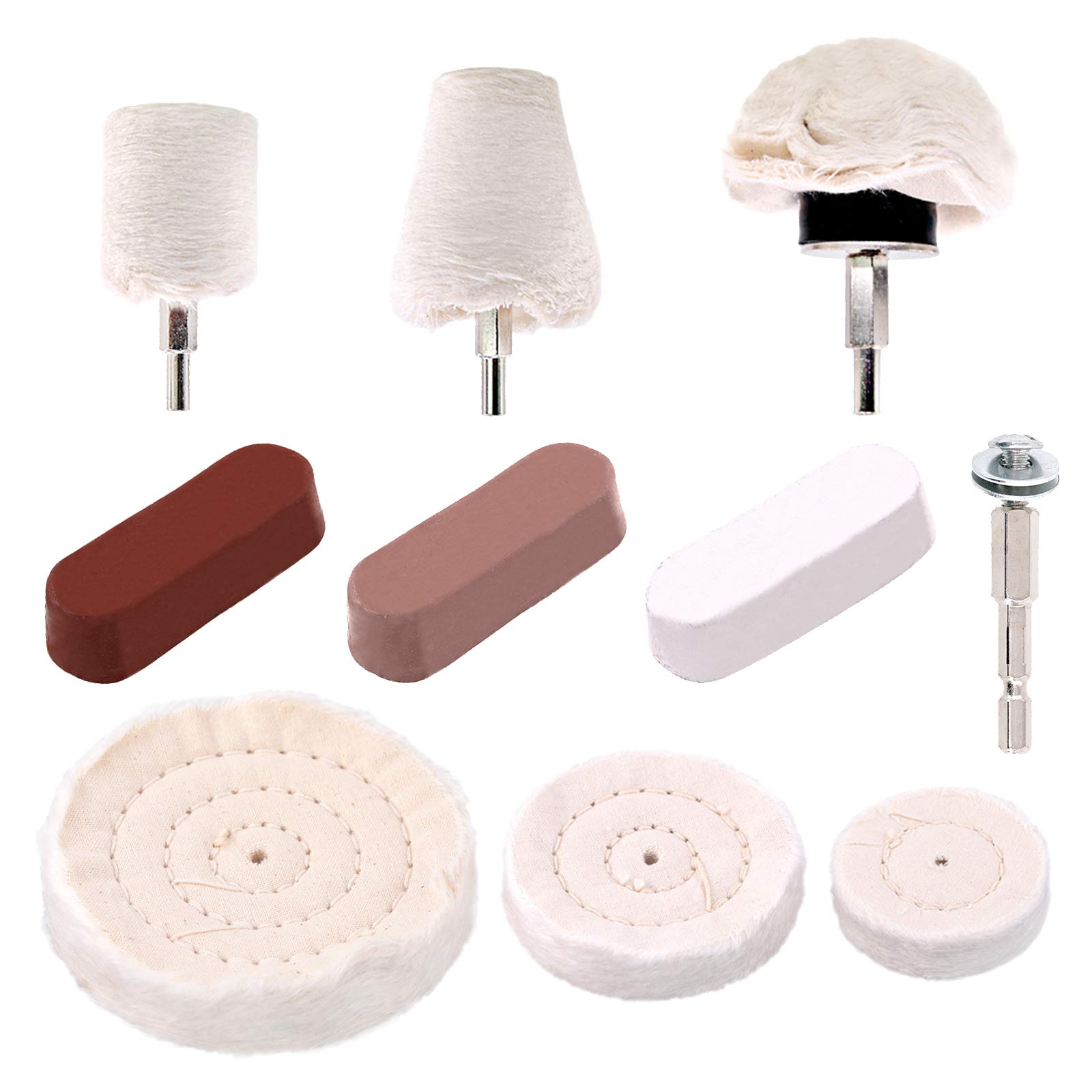 Swpeet 10Pcs Buffing Pad Polishing Wheel Kits, Including 3 Pcs Polishing Wheel, 3 Pcs Cotton Buffing Wheels, 3 Pcs Polishing Compound & With Rouge Compound Bars with 1Pcs 1/4'' Handle
