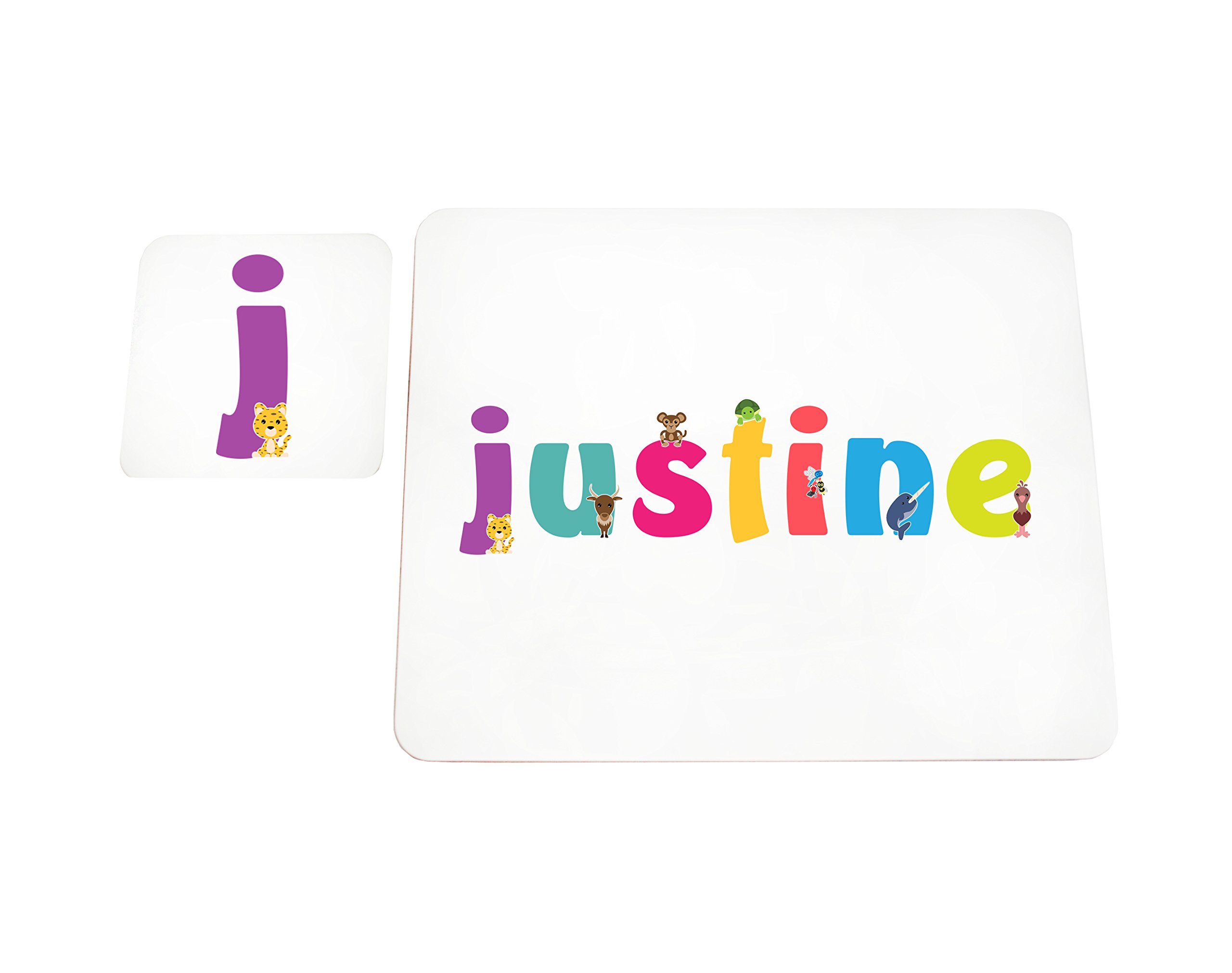 Little Helper Doily with Colourful Coaster Style Example with Girl's Name Justine