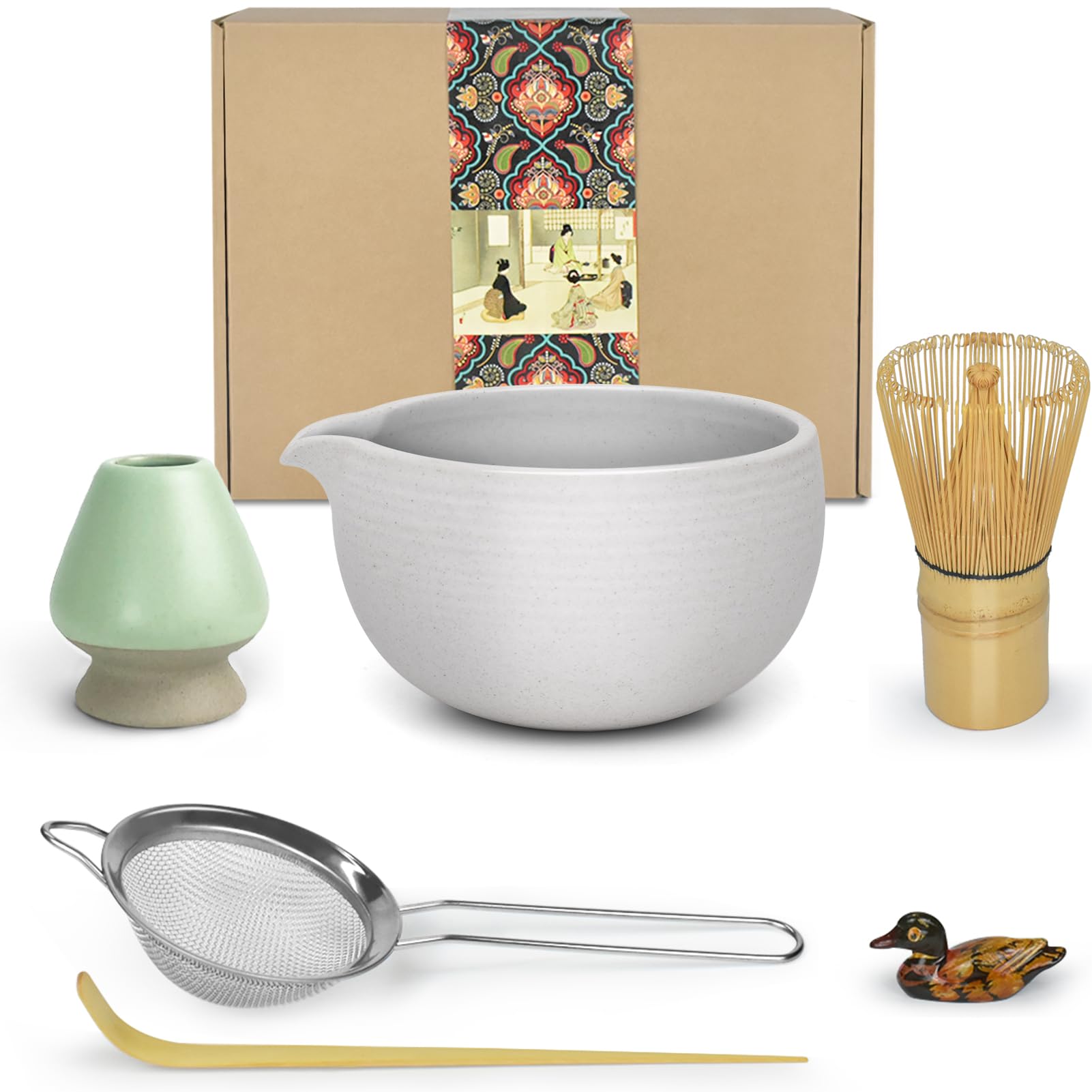 Artcome Matcha Ceremony Kit for Japanese Tea Ceremony, Bowl with Pouring Spout, Whisk, Tea Scoop, Matcha Powder Strainer, Matcha Tea Set for Making Usucha, Koicha and Matcha Latte (Grey)