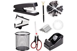 YUUN Black Desk Accessories, Office Supplies Set with Stapler, Tape Dispenser, Staple Remover, Pen Holder, Scissor, Binder/Paper Clips, Ballpoint Pen, Clear Tape and 1000pcs Staples
