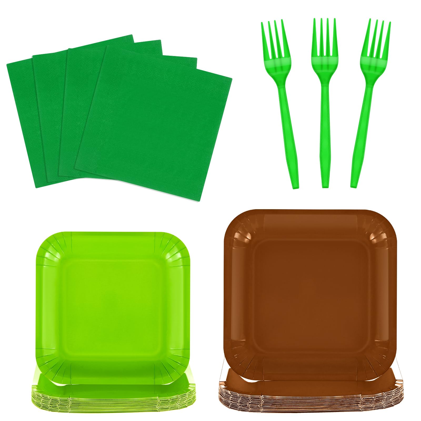 Photo 1 of (missing pieces) Yungyan 96 Pcs Green and Brown Pixel Square Paper Plates Napkins and Forks Pixel Birthday Party Supplies Video Game Party