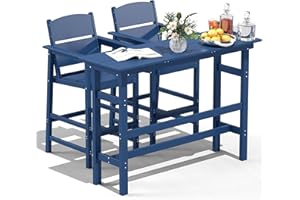 FOOWIN 3 Piece Outdoor Bar Height Table and Chairs, All Weather HDPE Patio Bar Set Outdoor Bistro Set,Adirondack Bar Chairs Set of 2 Outdoor Furniture for Bistro, Poolside, Backyard Navy Blue