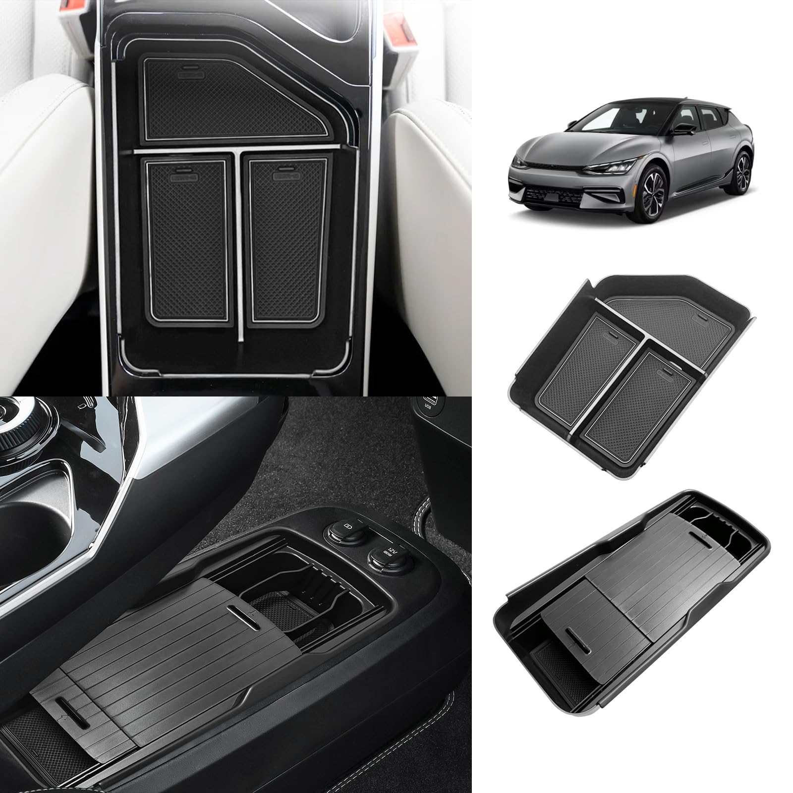 Photo 1 of BestEvMod Armrest Organizer&Lower Center Console Compatible with 2025 2022-2024 Kia EV6 Accessories Slide Cover Organizer Adjustable Cup Holder 2PCS with PVC Trim (Console+Slide Cover Lower)