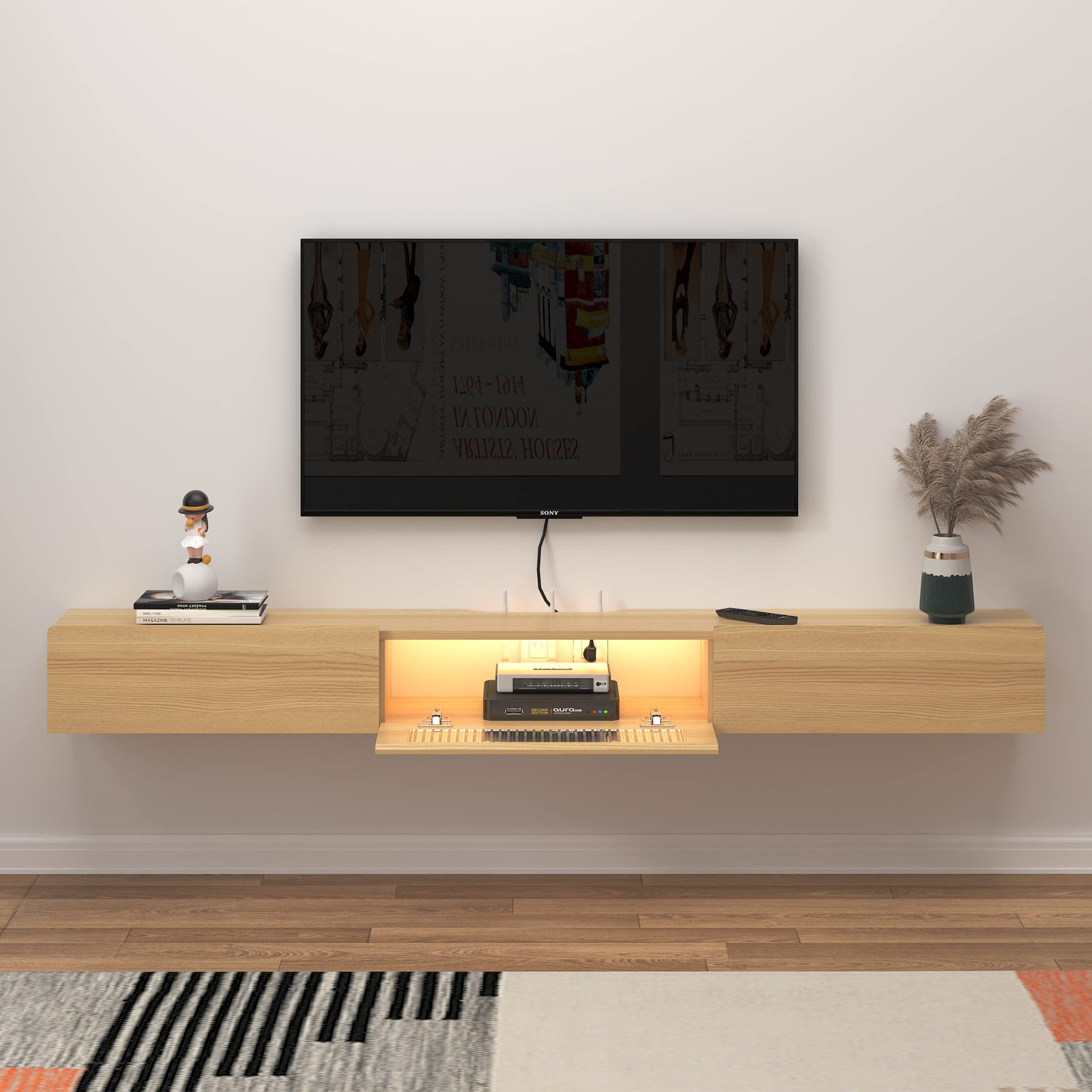 Photo 1 of Bixiaomei Floating TV Stand with LED Lights, 71'' Wall Mounted TV Cabinet with Glass Door and 2 Drawers, Wooden Entertainment Media Console Center Large Storage Shelf Under TV (70.86IN, Oak)