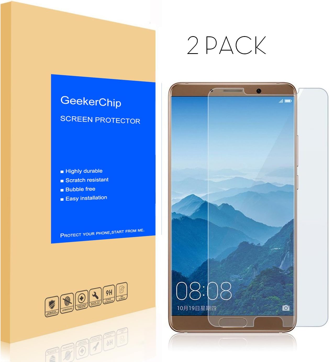 GeekerChip Screen Protector for Huawei Mate 10 [2 pack], GLASS Edition Genuine Tempered Glass Screen Protector Guard Cover for Huawei Mate 10