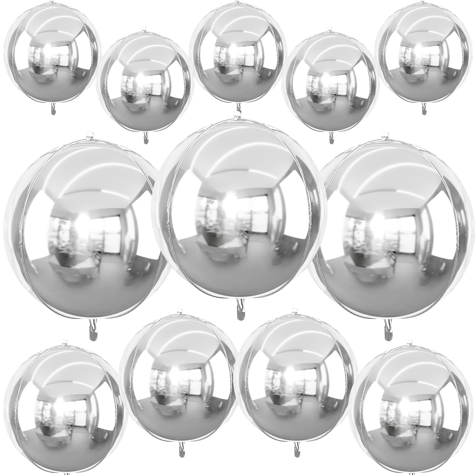 Photo 1 of 12Pcs Silver Round Foil Balloons, 22" 15" 10" 4D Ball Balloons, Metallic Silver Foil Balloon for Birthday Graduation Christmas New Year Eve Disco Party Backdrop Decorations