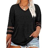 Beautife Womens Plus Size 3/4 Sleeve Tops V Neck Loose Fit Tee Shirts Dressy Casual Eyelet Lace Tunic Blouse
